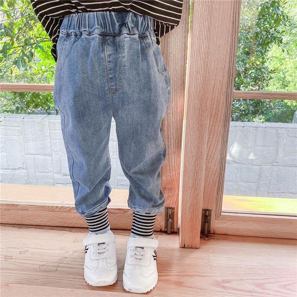 

2021 spring new boys girls screw thread jeans pants for 1-7yrs cotton long denim pants outfit kids clothing loose jeans trousers, Blue