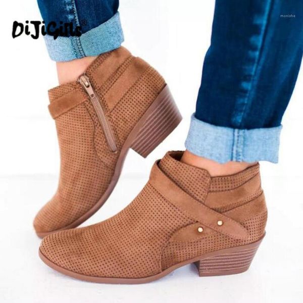 

boots women ankle plus size platform chunky heel shoes for female zipper strap wood low heels casual ladies short botas dropship1, Black