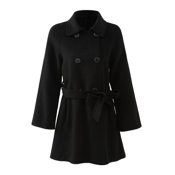 

women's wool & blends pure color lapel double sided woolen coat for fall winter 2021 breasted belt fashion female c184, Black