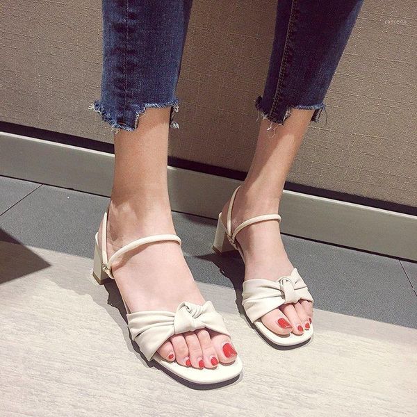 

slippers bow thick heel sandals women pu leather open toe summer elegant high beige green 20211, Black