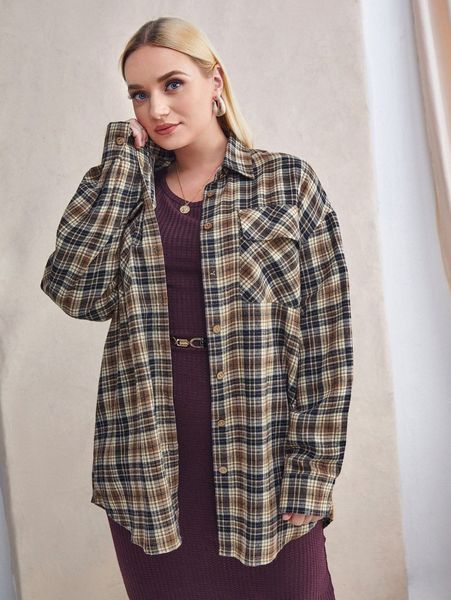 

plus tartan flap pocket drop shoulder coat s9vp#, Black