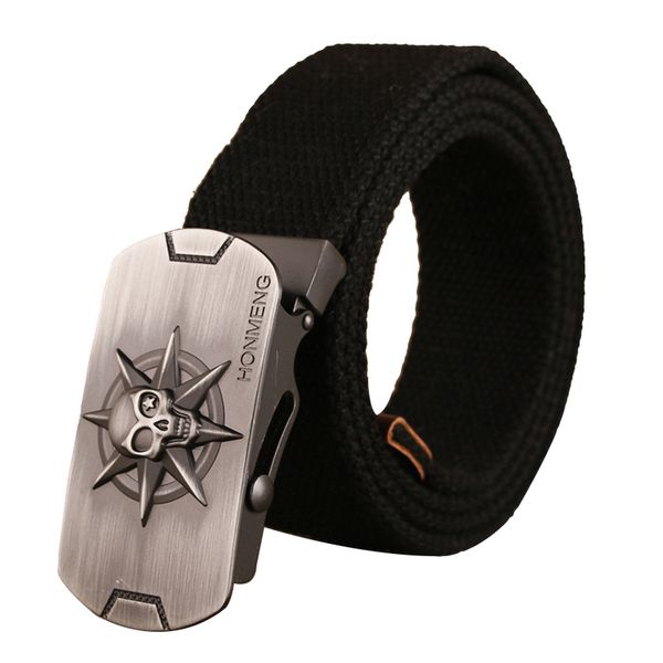 

casual canvas youth men belt for jeans with alloy smooth buckle skull novelty design fashion belts outdoor male waistband, Black;brown