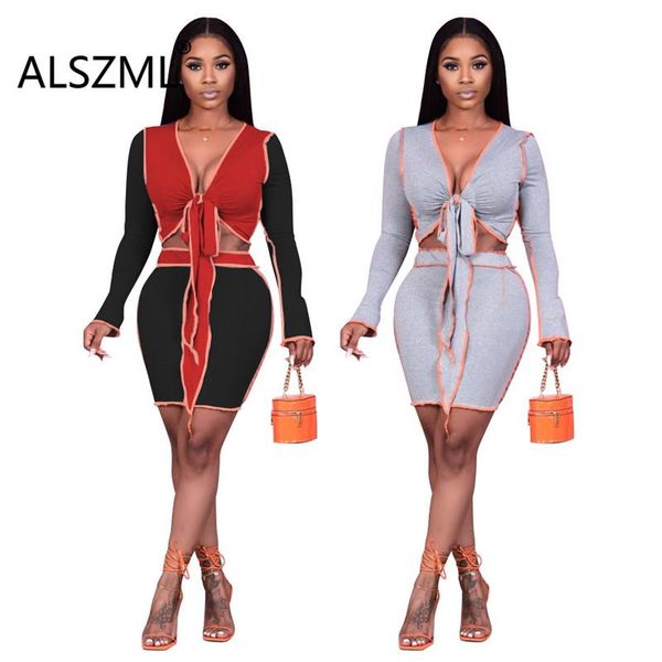 

women's tracksuits deep v neck long sleeve crop and dress 2 pieces set office lady fashion women, Gray