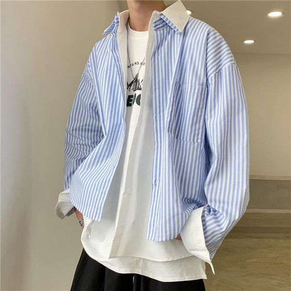 

2020 autumn new hong kong style simple fake two-piece long-sleeved striped shirt men's thin section wild jacket loose jacket1, White;black