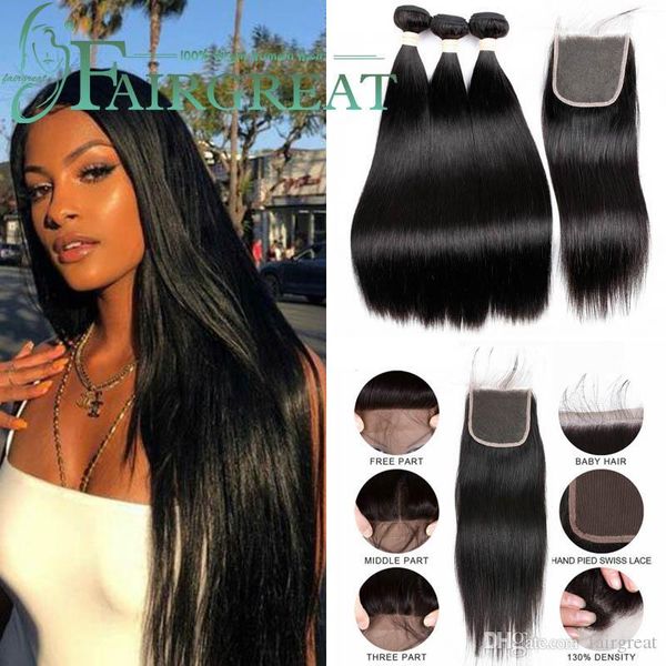 

fairgreat brazilian straight hair 3 bundles with closure 100% remy human hair bundles with closure 4*4 hair extension, Black