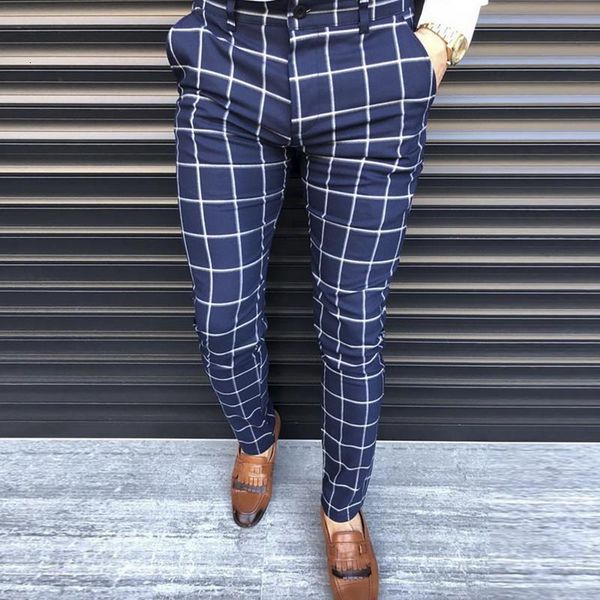 

plaid men smart casual pants business men quality pencil pants fashion slim party formal trousers streetwear pantalones hombre, Black