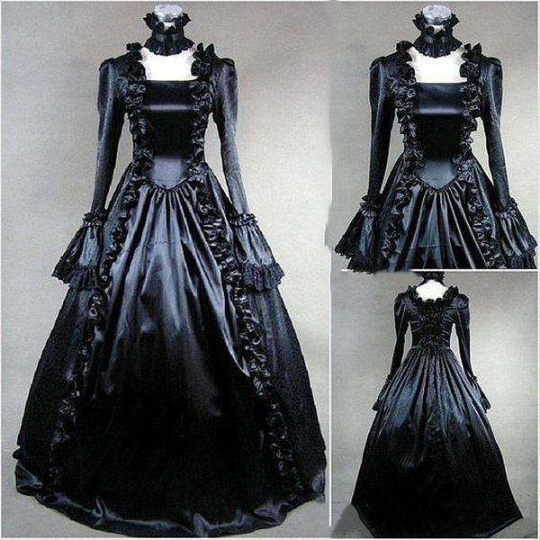 Vintage Gothic Schwarz Ballkleid Brautkleider Bodenlangen Glocke Langarm Rüschen Mittelalter Plus Size Brautkleider Retro Vestidos de Novia