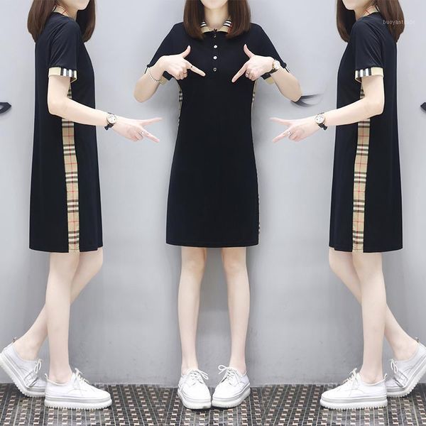 

party dresses summer 2021 temperament slimming plaid mid-length collar dress women long t-shirt loose casual plus size dress1, White;black