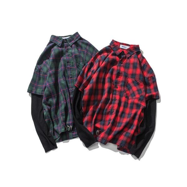 

cotton chic fake two-piece plaid shirt male loose korean long sleeve check hip hop jacket fashion trend brushed oversize shirt, White;black