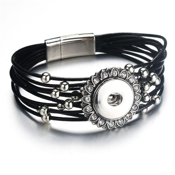 

magnet buckle black rhinestone snap bracelet real genuine leather bracelet fit 18mm snap button bracelet for women jewe bbymea, Golden;silver