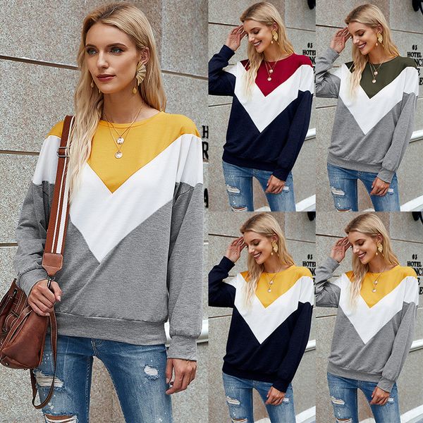 

women autumn winter casual pullover hoodies european and american 3 color stitching long sleeved loose sweatshirt, Black