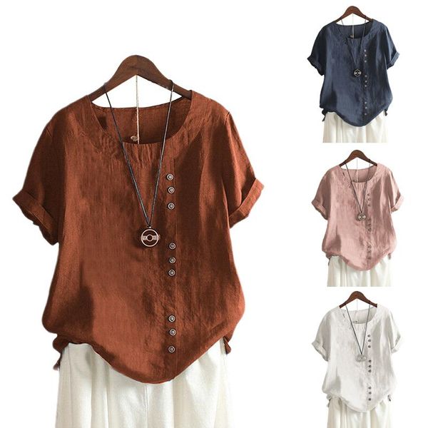 

summer women cotton linen baggy blouse short sleeve loose elegant ladies linen blouse plus size shirt, White