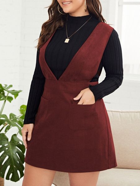 

plus dual pocket overall dress without s9w7#, Black