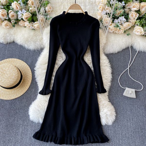 

2021 new sweet female singiny elegant mesh solid neck dressed in autumn long line streetwear dress c8q0, Black;gray