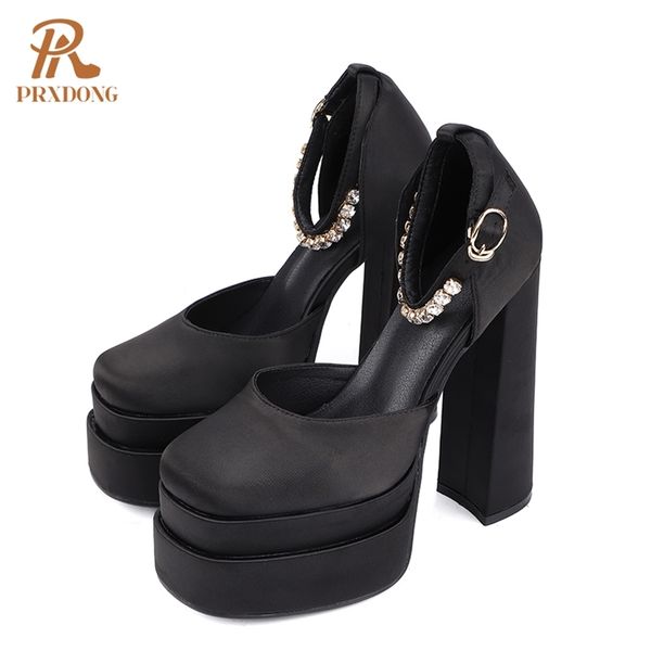 

ladies sandals summer shoes thick high heels platform buckle crystal dress party wedding woman pumps 220309, Black
