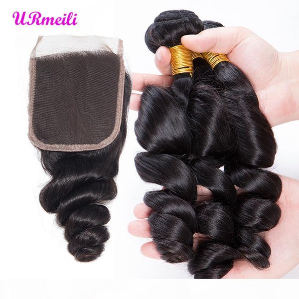 

peruvian loose wave human hair bundles with closure transparent lace remy human hair weave natural black color 3 4 bundles with closure, Black;brown