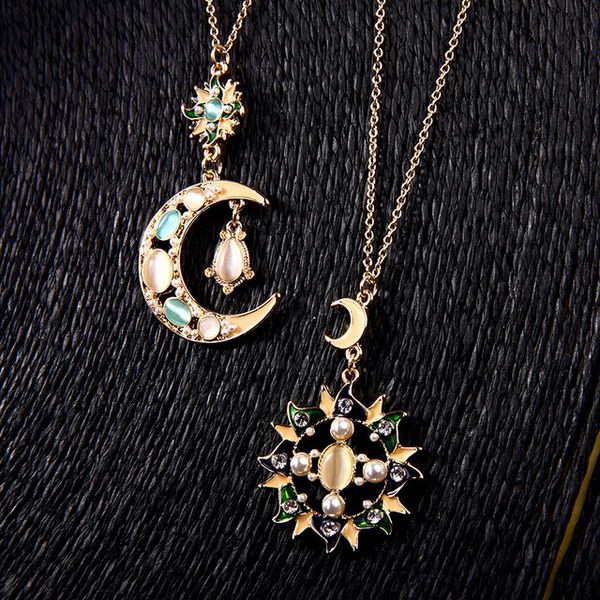 

enamel drip oil sun flower diamond pendant necklace female european and american style long sweater chain wild necklace, Silver