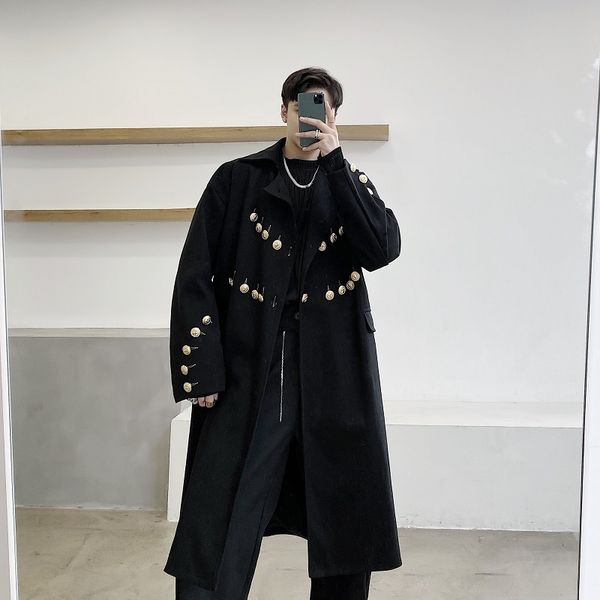 

2020 buttons men copper long wool trench coat outerwear male streetwear vintage fleece jacket 9cci, Black;brown