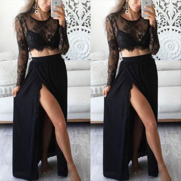 

2 pieces women black lace dress evening party long sleeve tranparent crop womens suit two piece set costume, Gray