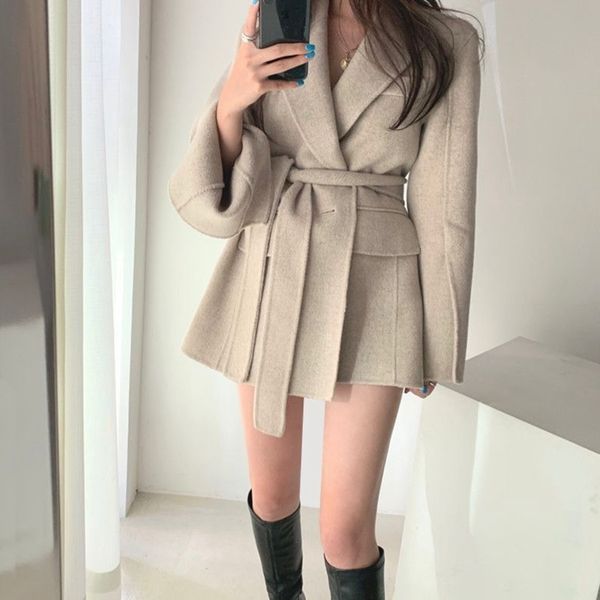 

women's korean style mid-length strappy waist and thin woolen coat, Black