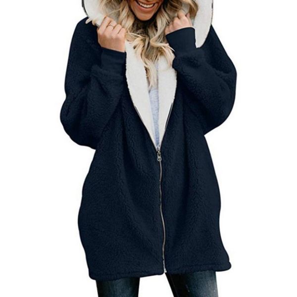 

women woolen sweatshirts warm longsleeve thick zipper hooded swetshirts solid winter sweatshirts casual hoodies plus size, Black