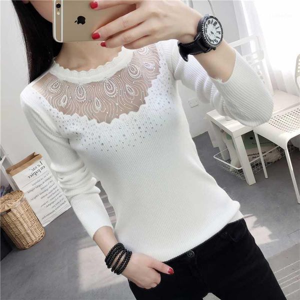 

2020 lace wave o-neck autumn pullovers hollow out winter bodycon sweater ladies white elasticity diamond long sleeve jumper1, White;black