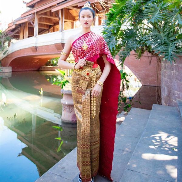 

traditional clothing for women ahom shan dai custuome retro summer ladies sleeveless shawl phasin thailand skirt thai dress1, Red