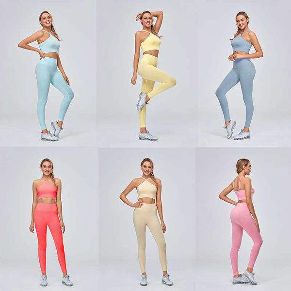 

6 color (two piece set) yoga suit suspender bra tight hip lifting running pants set, Gray