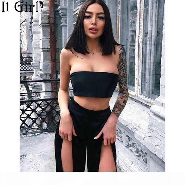 

satin silk 2piece black crop split wide leg pants set club outfit matching sets for women overall set z112, White