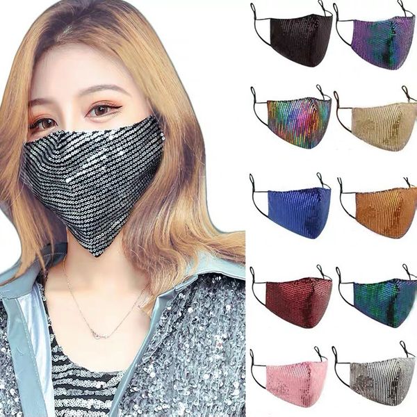 Moda Bling Yıkanabilir Kullanımlık Maske Yüz Bakımı Kalkanı Güneş Altın Dirsek Sequins Kadınlar için Parlak Montaj Maskeleri