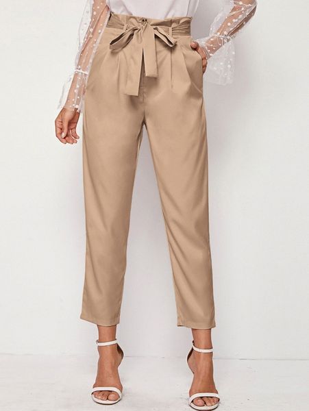 

paperbag waist self belted slant pocket tailored pants n60a#, Black;white