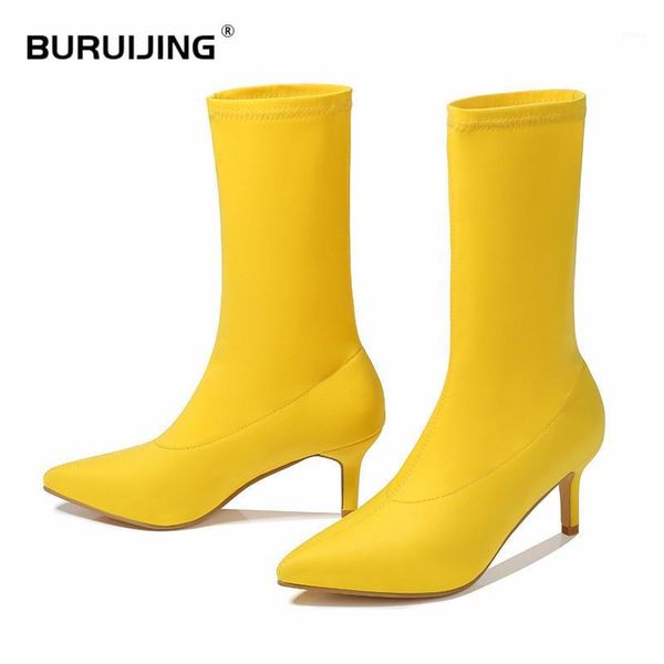 

boots fashion mid-calf elastic women 2021 pointed toe thin heel stretch spring autumn shoes candy color1, Black