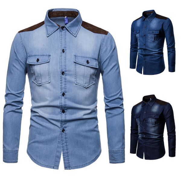 

denim shirt men long sleeve men casual cotton jeans shirt slim suede matching mens solid pocket shirts chemise homme c1212, White;black