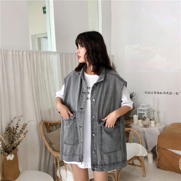 

2020 summer new plus size women's loose big pocket harajuku denim vest female vintage washed sleeveless jeans jacket streetwear1, Black;white