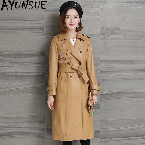 

real genuine leather jacket women clothes 2019 trench coat women's fur coat korean vintage long elegant sheepskin zt21521, Black