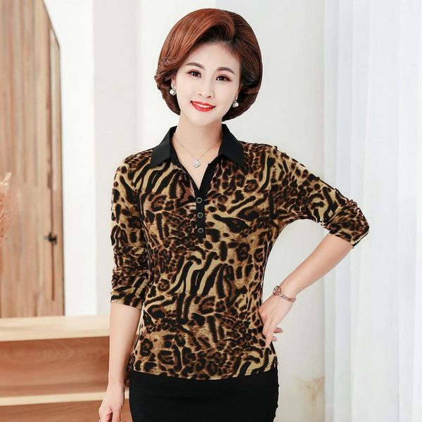 

middle aged women flower blouse autumn spring leopard print long sleeve johnny collar mauture lady plus size clothings 5xl1, White