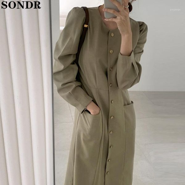 

one-piece autumn dresses women 2020 korean chic long sleeve vintage shirt dress fashion casual slim single-breasted midi dress1, Black;gray