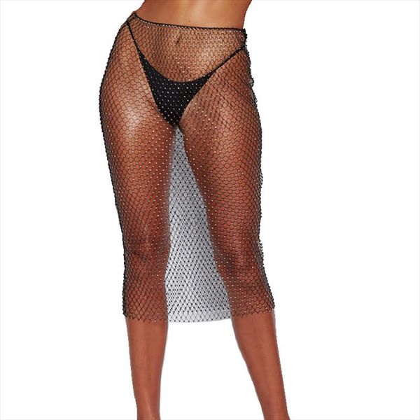 

beach package hip skirt hollow party skirt high waist diamond mesh women nightclub transparent club tether, Black