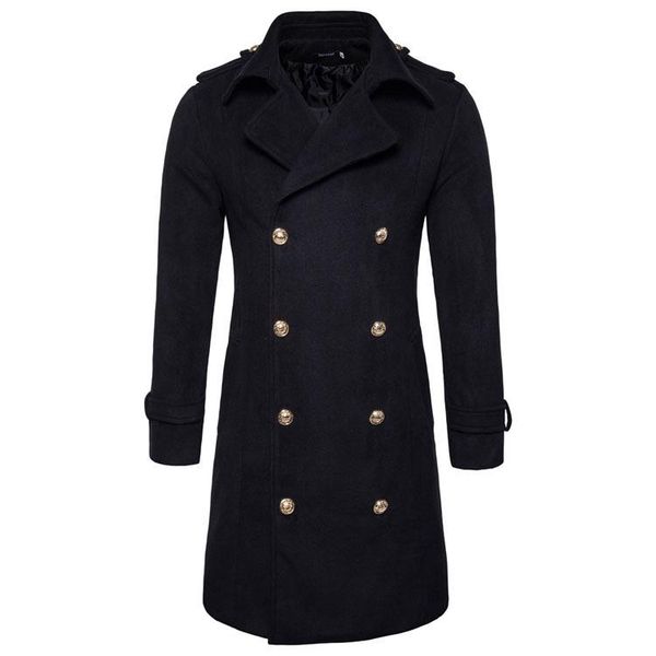 

2020 autumn and winter new style large casual men's coat fashion metal double breasted long woolen coat, Black