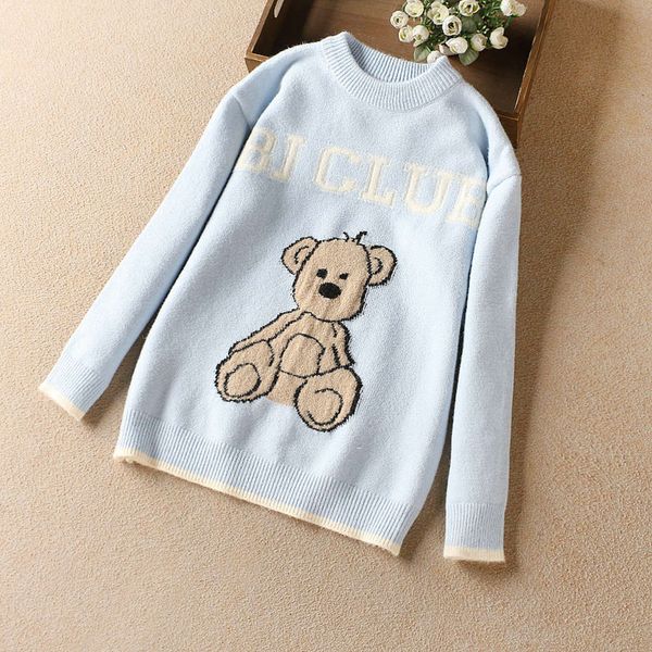

girls' korean 2021 spring t-shirt thin bear jacquard sweater 150-180 f4an, Blue