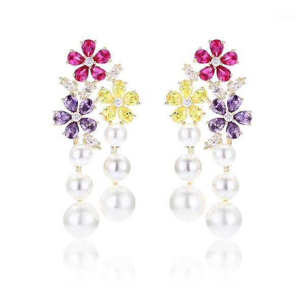 

xiumeiyizu fashion jewelry pearl drop earrings for women colorful flowers and pearls earrings women's wedding accessories1, Silver