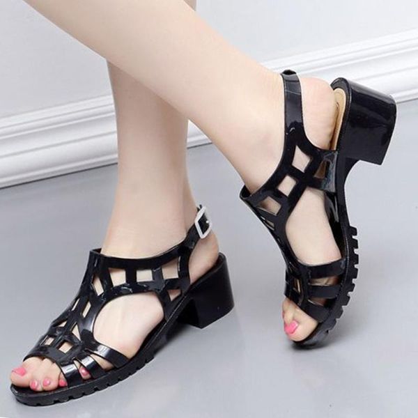 

women's retro shiny patent leather sandals mid heel fish mouth thick heel roman shoes high sandals with square toes #31, Black