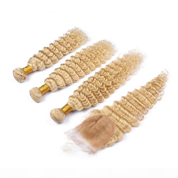 

malaysian blonde virgin hair wefts deep wave with closure #613 bleach blonde human hair weave bundles with lace front closure 4x4, Black;brown