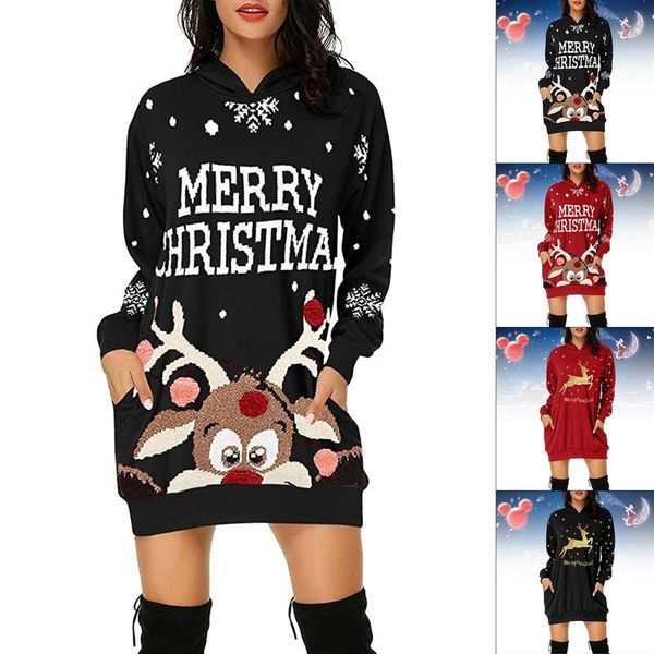 

casual dresses women's christmas mid-length sweater vestidos autumn and winter snowflake/deer pattern long sleeve hoodie pocket xmax, Black;gray