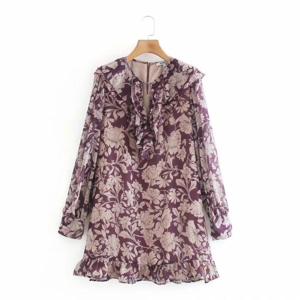 

2021 new vintage printed chiffon mini women long sleeve o neck ruffle short dress woman fashion loose casual ladies dresses 212e, Black;gray