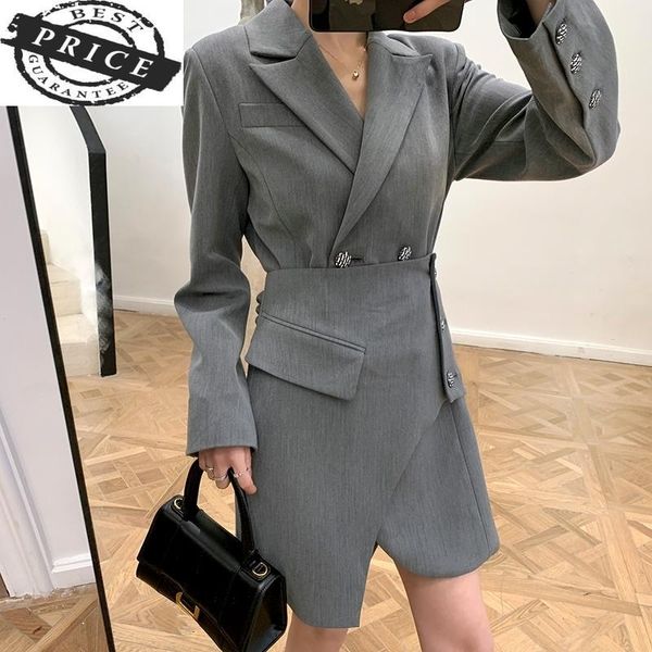 

two piece dress asymmetrical gray big women size v-neck long sleeve loose fit fashion spring autumn 2021, White