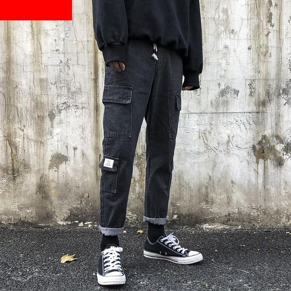 

wholesale 2021 fashion casual workwear men's trendy brand pants men's trendy multi pocket straight jeans harem pants, Blue