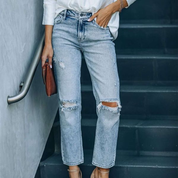 

selling new product old washed broken copper women's straight jeans, Blue