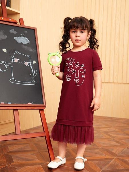

toddler girls face line art print mesh hem dress she, Red;yellow