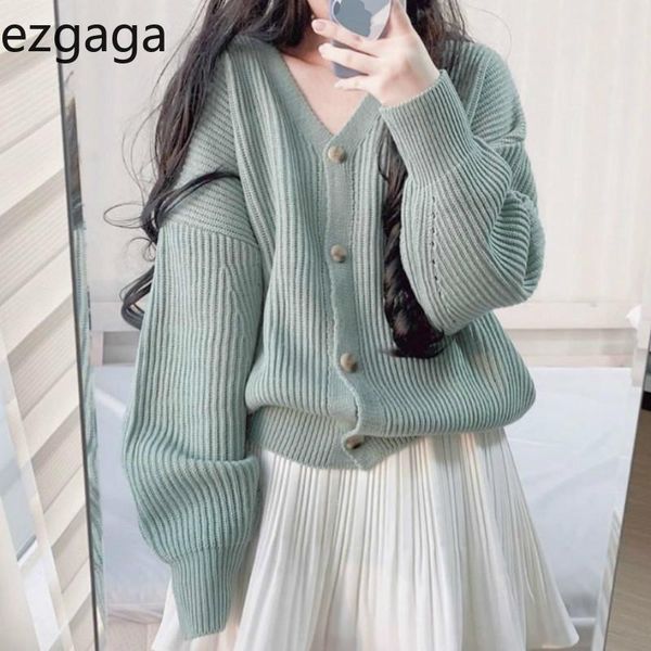 

women's knits & tees ezgaga french style fashion knitted cardigan women chic v-neck matcha green tender long sleeve sweater ladies ele, White